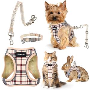 GAMUDA Dog Harness, Collar and Seat Belt Set, Vehicle Safety Harness, Retractable Adjustable Pet Seatbelts with Travel Strap and Carabiner for Most Cars (Beige, XS)