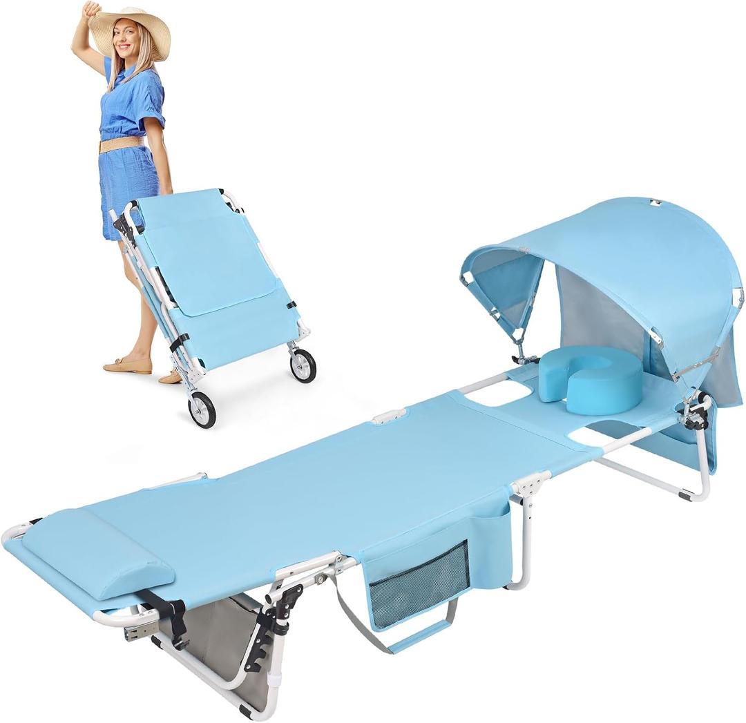 Wheel-To-Go Oversized Tanning Chair with Face Hole & Wheels | Portable Heavy Duty Folding Lounge Chair | Outside Sunbathing Reading Relaxing Beach Poolside Lawn | XL Wide | 330 LBS (Patent Design)