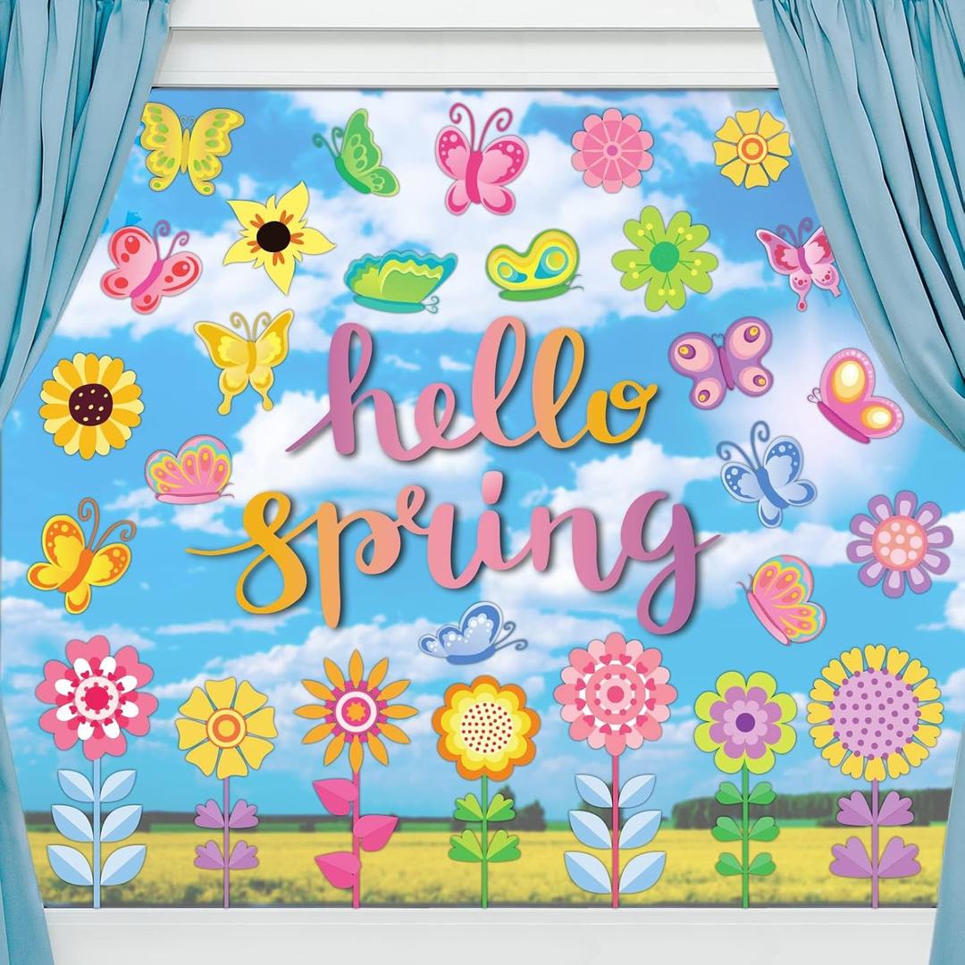 118 Pieces Hello Spring Window Clings Stickers Spring Grow Flower Butterfly Window Decals for School Home Kids Spring Birthday Party Supplies Baby Shower Anti-Collision Decoration