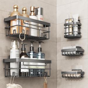 Cobbe Adhesive Shower Caddy 5-Pack, Large Wall Mounted Shower Shelves Rack, Organizer Storage Accessories with Soap Dish&Toothbrush Holder, Shelves for Bathroom Storage & Home Kitchen Decor, Gray (Grey)