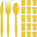240 Pcs Disposable Yellow Plastic Silverware Set, Including Yellow Party Forks, Knives And Spoons 80 Pieces Each, Suitable For Parties, Weddings, Birthdays, Home Offices, Takeout