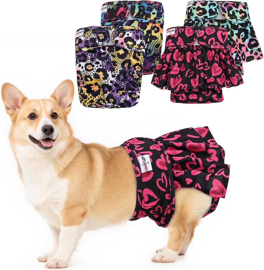 Female Dog Diapers Reusable No Tail Hole Period Panties Washable Diapers Female for Docked-Tail Frenchie French Bulldog Boston Terrier Without Tail (2 Pack Regular+2 Pack Skirts) (Small (Waistline:11"-15"))