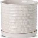 8 Inch Plant Pot: Ceramic Planter with Drainage Hole & Saucer for Indoor Outdoor Plants - Flowerpot with Bonded Tray for Home Office - Wave Embossed