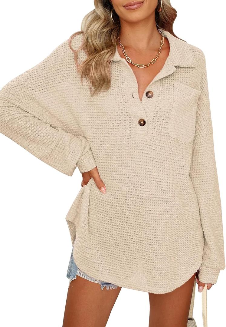 Women Waffle Knit Tops Henley Shirts Long Sleeve V Neck Solid Color Casual Tunic (Large, Apricot)