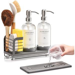 Kitchen Soap Dispenser Set with Drying Tray 16oz Glass Bottles with Stainless Steel Pumps, Sink Organizer Caddy with Brush Holder & Non-Slip Feet All-in-One Dish & Hand Soap Station