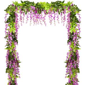 Lvydec Wisteria Artificial Flowers Garland, 4 Pcs Total 28.8ft Artificial Wisteria Vine Silk Hanging Flower for Home Garden Outdoor Ceremony Wedding Arch Floral Decor (Purplish Red)
