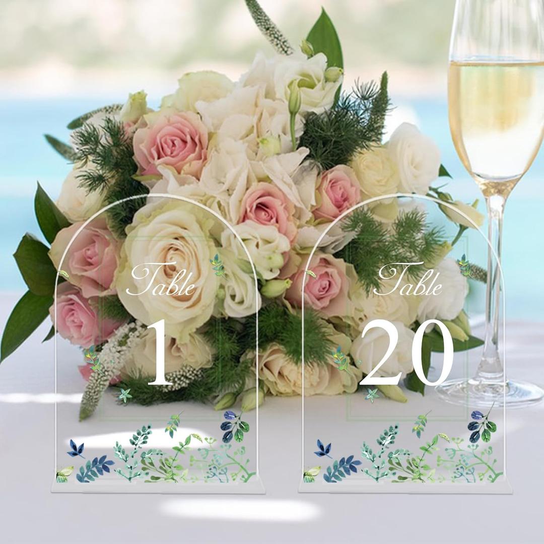 Benustra Table Numbers 1-20, 5x7 Inch Wedding Table Number for Wedding Reception 1-20, Eucalyptus Printed Clear Acrylic Table Numbers with Stands for Wedding Centerpiece Anniversary Birthday Event