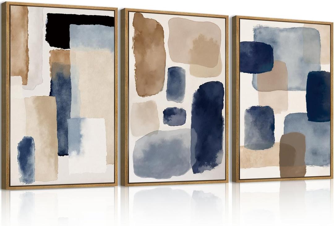 Large Abstract Navy Blue Brown Framed Canvas Wall Art Set,Modern Minimalist Color Blocks Wall Decor,Neutral Geometric Brushstrokes Artwork for Living Room,Bedroom,Office-16 x24 x3
