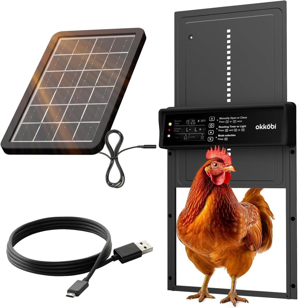 Okkobi Automatic Chicken Coop Door Solar Powered - LCD Display - Chicken Coop Door with Light Sensor & Timer - Security & Peace of Mind: Anti-Pinch Function - 5-Year Protection - Black