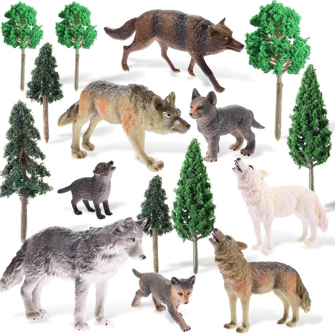 Skylety 16 Pcs Woodland Wolf Toy Figures Kit, 8 Wolf Figurines and 8 Mixed Plastic Trees Forest Cake Topper for Diorama Supplies Miniature Dollhouse Accessory Train Scenery