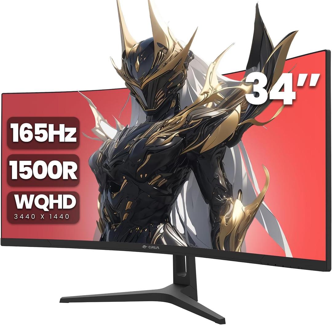 CRUA 34" Curved Gaming Monitor, WQHD 3440x1440, 144Hz/165Hz Computer Monitors, 1500R VA Screen, 120% sRGB, AMD FreeSync, HDMI 2.0 & DP 1.4, Wall Mountable Installs- Black