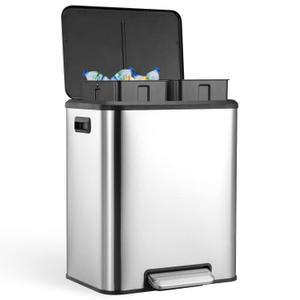 8 Gallon Kitchen Trash Can, Hands-Free Recycle Trash Can with Dual Removable Liners, Stainless Steel Dual Kitchen Step Trash Can (4 + 4 for 8 Gallon Total), Rectangle, Silver