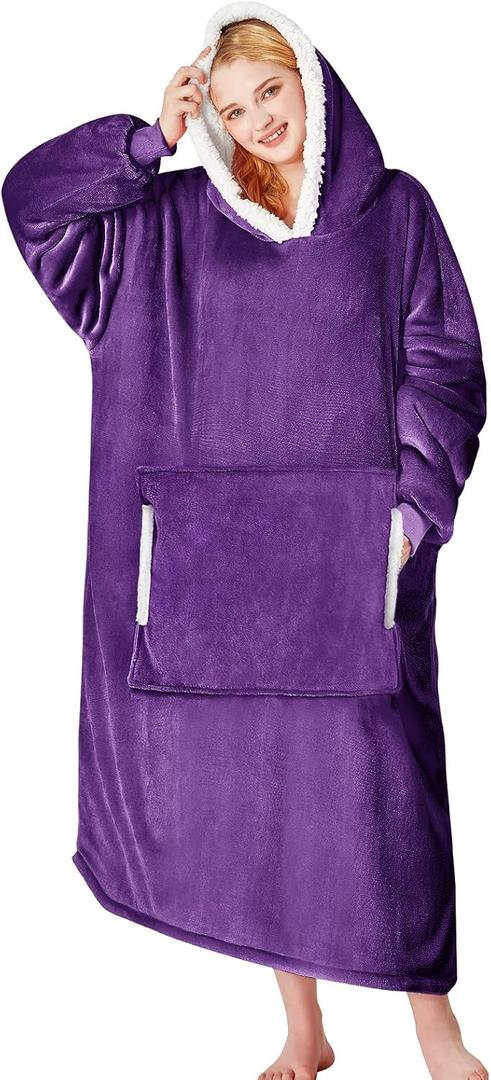 yescool Wearable Blanket Hoodie, Flannel Sherpa Fleece Blanket Sweatshirt for Adults Women Men,One Size Fits All (Deep Purple)