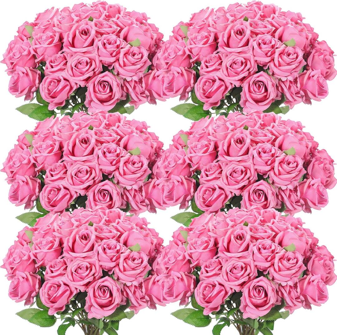 Jexine 50 Pcs Artificial Rose Flower Bulk Realistic Silk Fake Roses with Long Stem Plastic Artificial Flower Bouquet Real Looking for Home Wedding Centerpieces Party Decoration (Dark Pink Champagne)