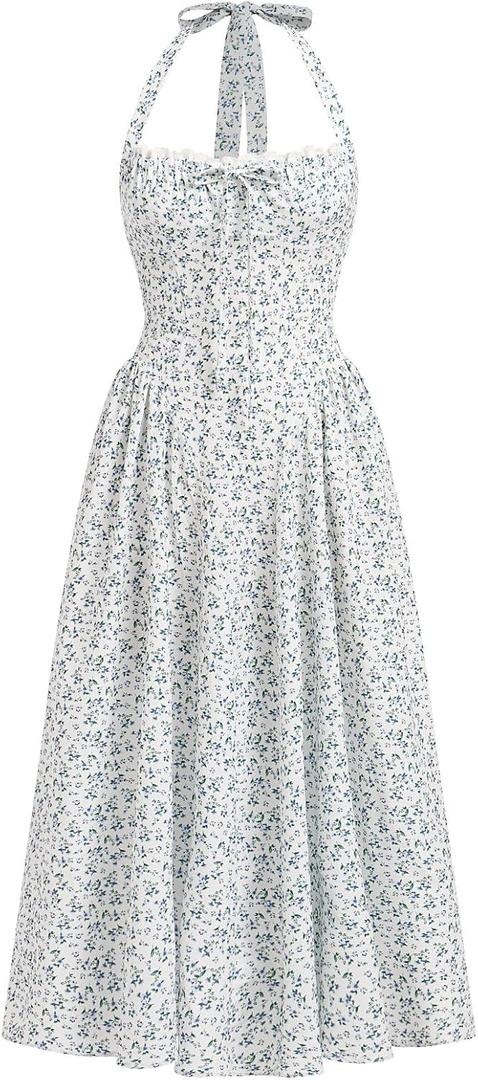 OBEEII Women Floral Corset Dress Halter Neck Low Cut Bustier Midi Dress Flowy Pleated Hem Summer Sundress with Pockets (Small, White-green Floral)