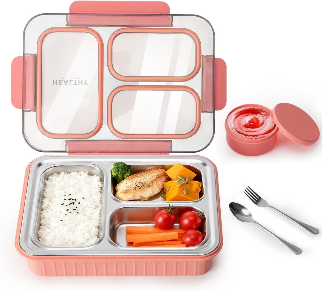 Stainless Steel Bento Lunch Box, 31oz/900ml 3-Compartment Leakproof Bento Container for Adults, Metal Lunchbox Ideal for Office, Work, Travel, Dishwasher Safe