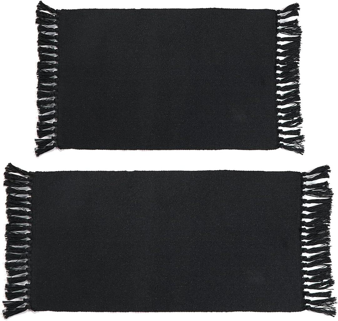 Seavish Black Kitchen Rug Set, 2x3+2x4.3 Boho Cotton Woven Area Rug, Washable Throw Rug Set, Farmhouse Floor Mat for Laundry Room Bedroom Bathroom Restroom Doorway Patio Porch