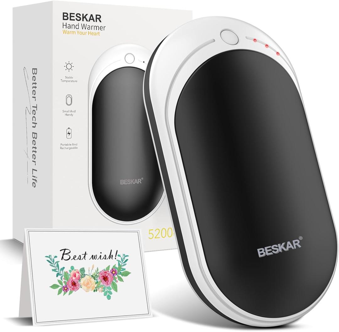 BESKAR Rechargeable Hand Warmer, 5200mAh Electric Hand Heater, Double-Sided Heating, USB Quick Charge, Portable Pocket Hand Warmer for Outdoor, Golf, Raynauds - Winter Gift (Black)