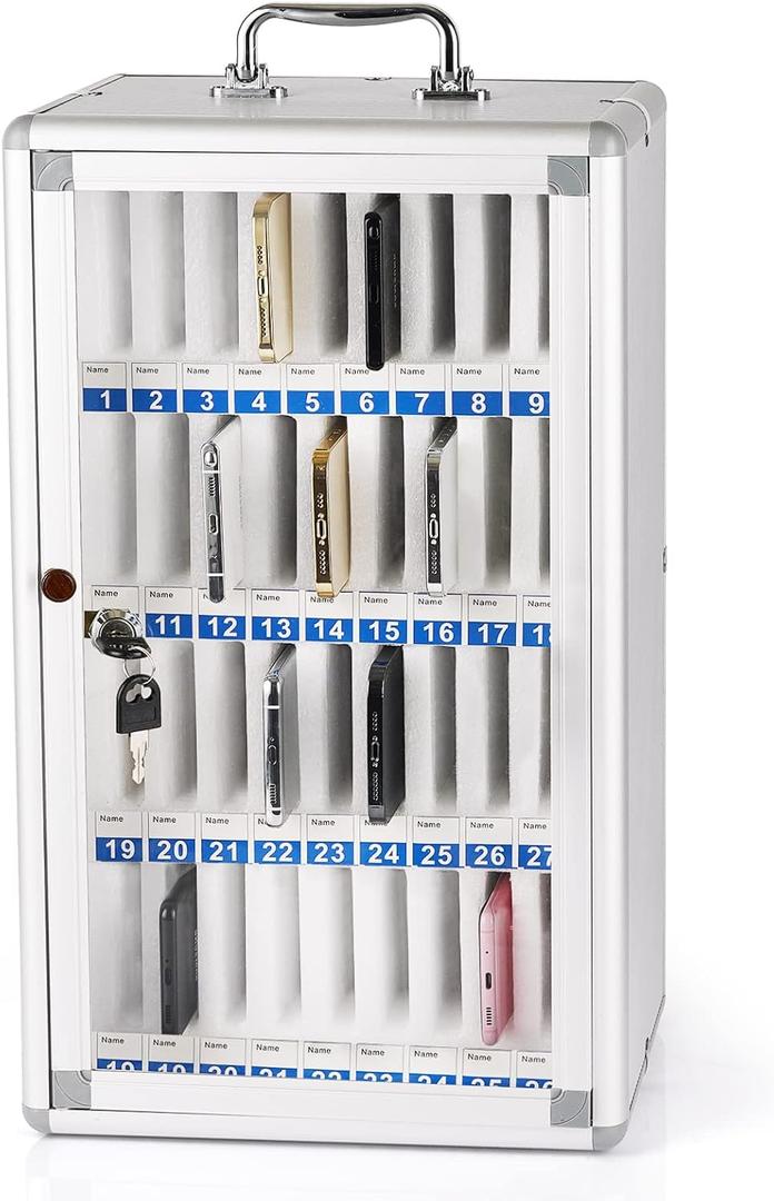 36 Slots Aluminum Alloy Pocket Chart Storage Cabinet for Cell Phones,Wall-Mounted with a Locked,Can be Carried by Hand (36 Slots), 36 Slots Transparent