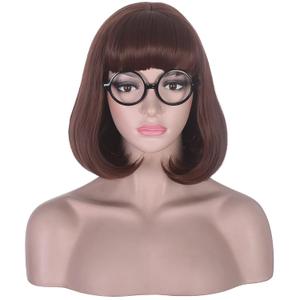 morvally Short Brown Bob Wig with Bangs for Cosplay Costume Halloween Party Including Glasses (Brown)