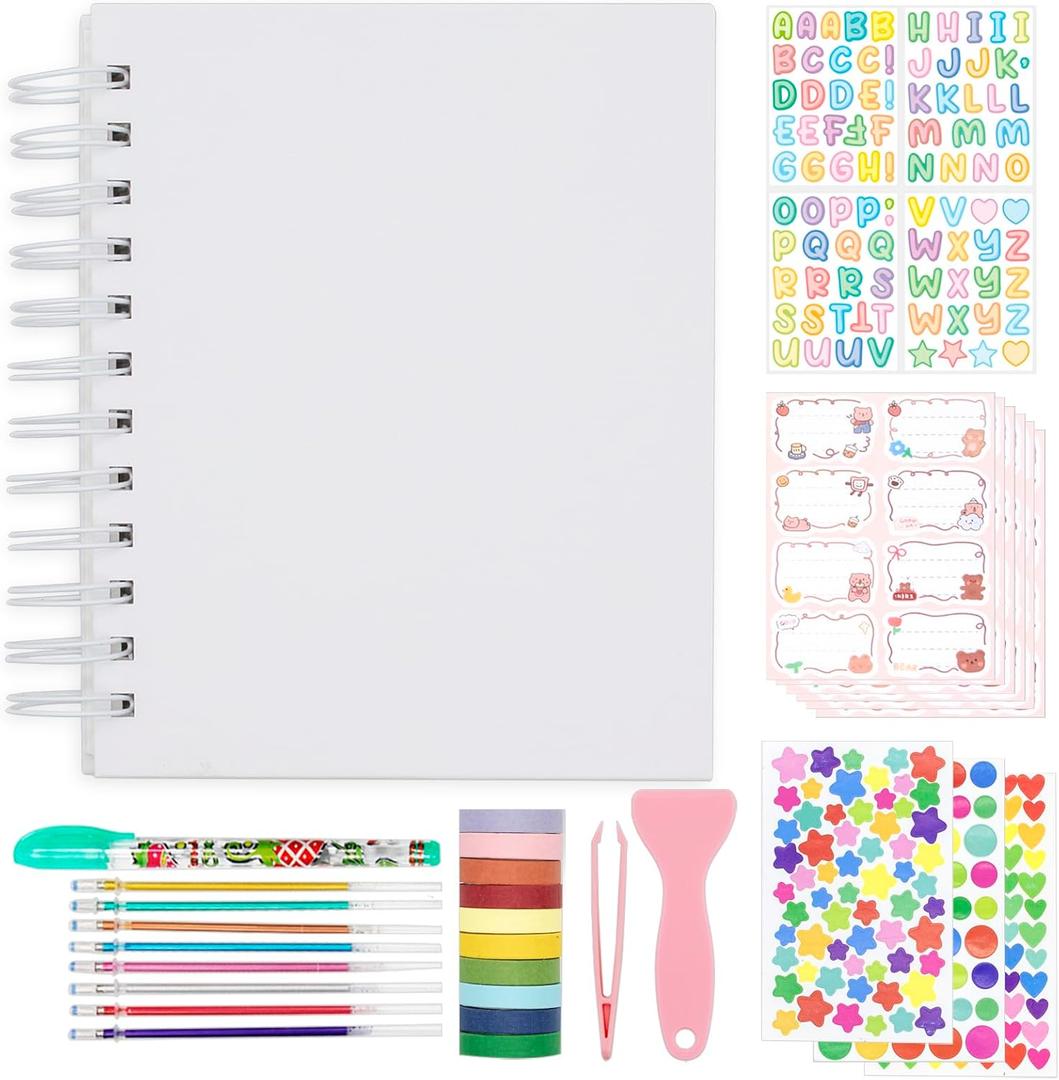 Kids Scrapbook Self Adhesive Photo Album 25 Pages Hard Cover DIY Photo Album for Instant Camera Print Paper with DIY Accessories (White)
