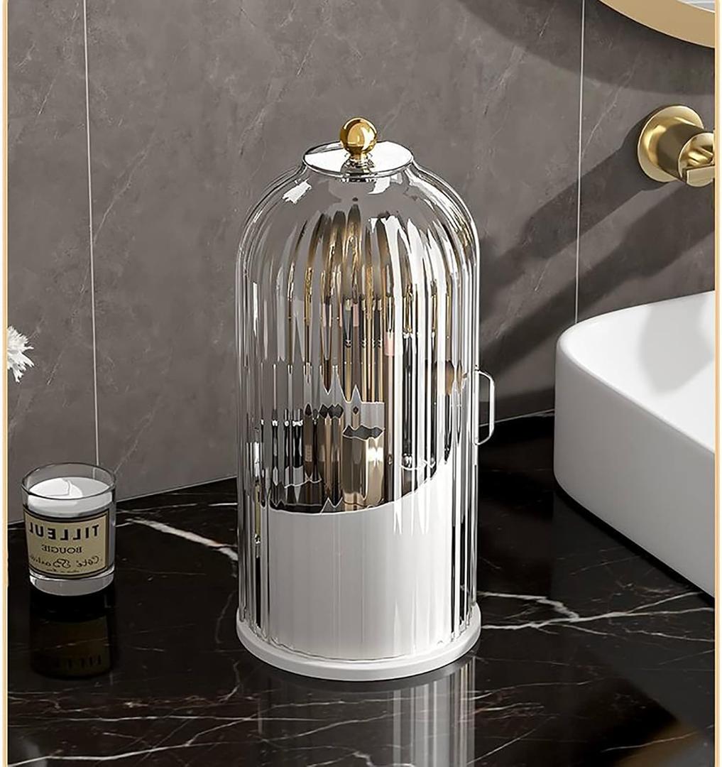 Makeup Brush Storage Box,360Rotating Bucket for Easy Access and Additional Storage for Dressing Table Items like Pen Holder,Lipsticks,and Dust-proof Cover Dividers (Transparent White)