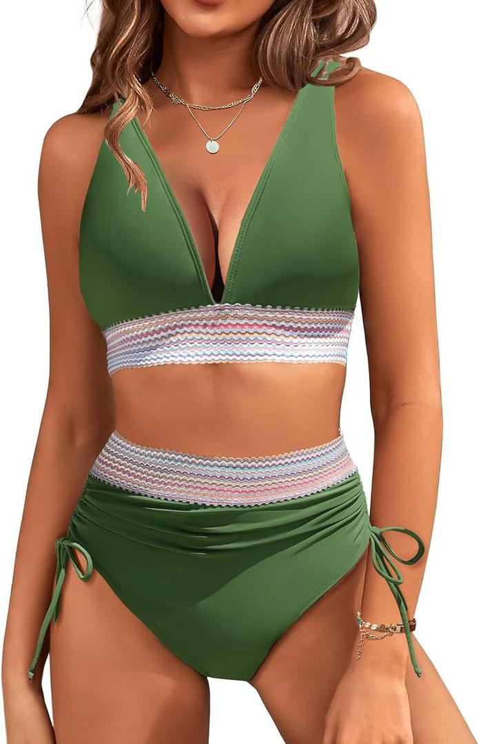 Women's Bikini Sets V Neck 2 Piece Swimsuits High Waisted Color Block Drawstring Bathing Suits Tummy Control Swimwear (X-Large, Army Green)