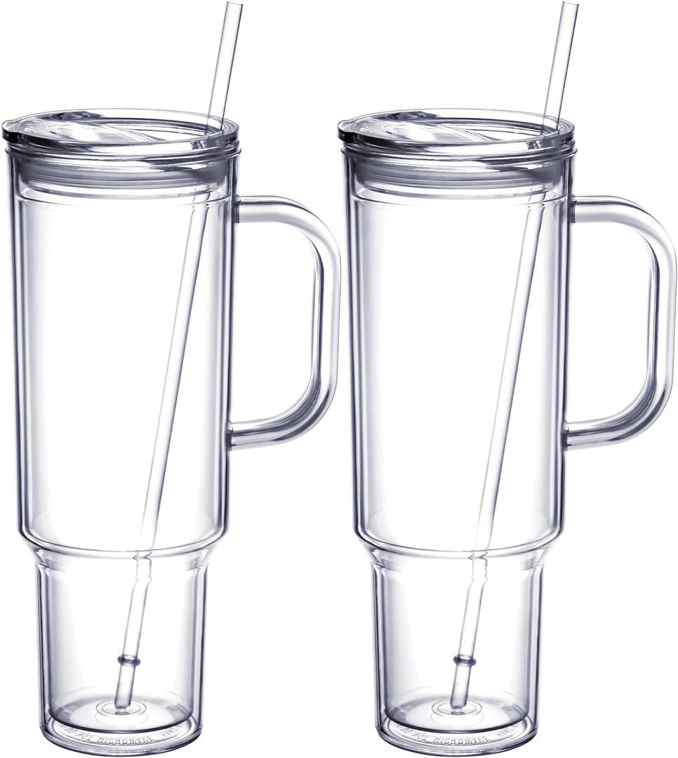 MEWAY 40 oz Tumbler with Handle and Straw LidDouble Wall Vacuum Reusable plastic Water Bottle Travel Mug CupClassic Acrylic Tumblers Cupholder Friendly (2 Pack) (Transparent)