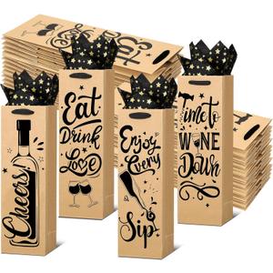 Ovveroche 20 PCS Wine Gift Bags with Handles and Tissue Paper - Kraft Wine Bottle Bags for Holiday, Birthday, Wedding, Graduations, Party