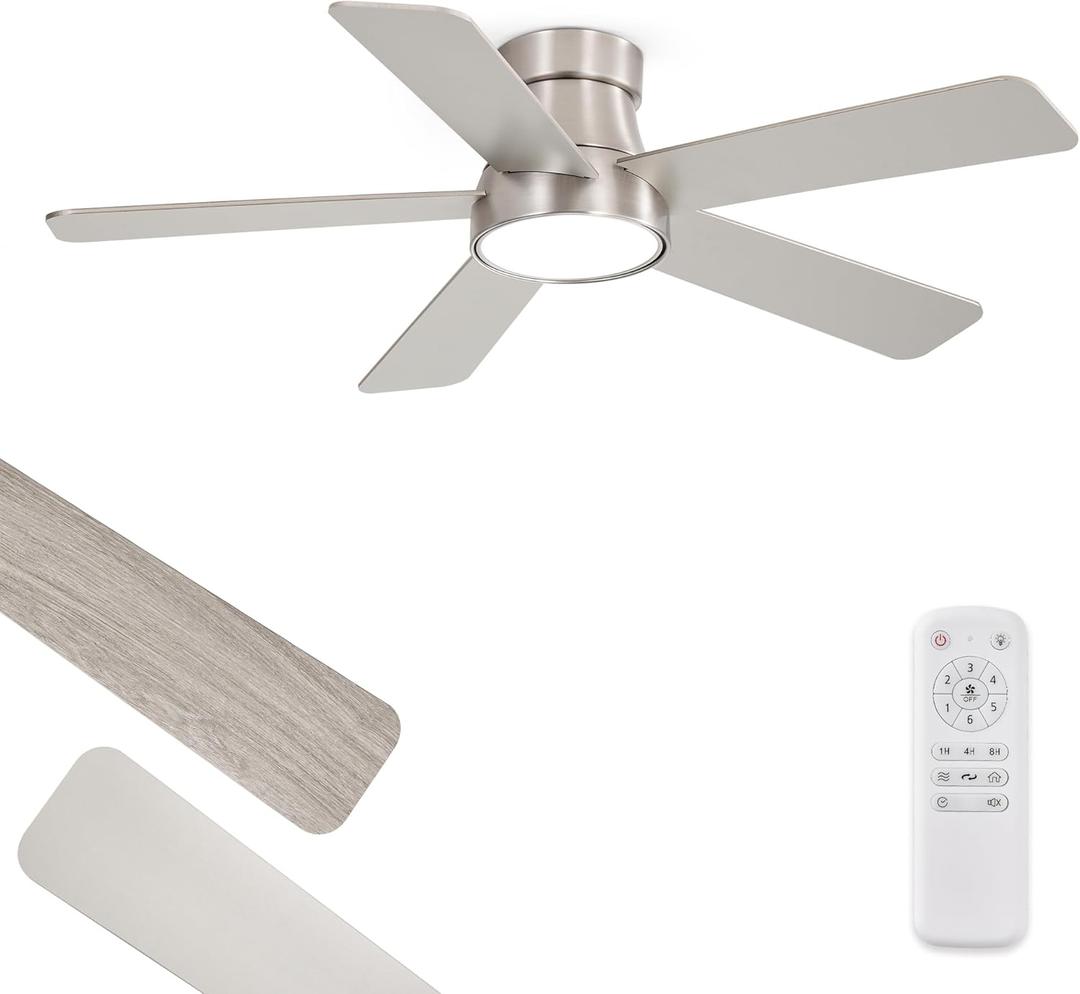 Fanbulous 42 Inch Ceiling Fans with Lights and Remote,Indoor Modern Flush Mount Ceiling Fan with 3CCT 6-Speed Quiet DC Motor,Black Small Low Profile Ceiling Fan for Bedroom Living Room Office(Nickel)