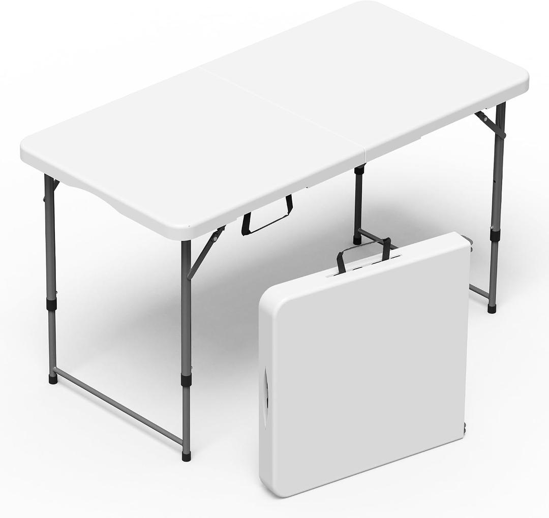 VSOAEIL Folding Table 4 Foot for Indoor Outdoor, Portable Heavy Duty Fold-in-Half Utility Small Plastic Adjustable Height Folding with Carrying Handle for Picnic and Party, White, 4 FT - 1 PACK