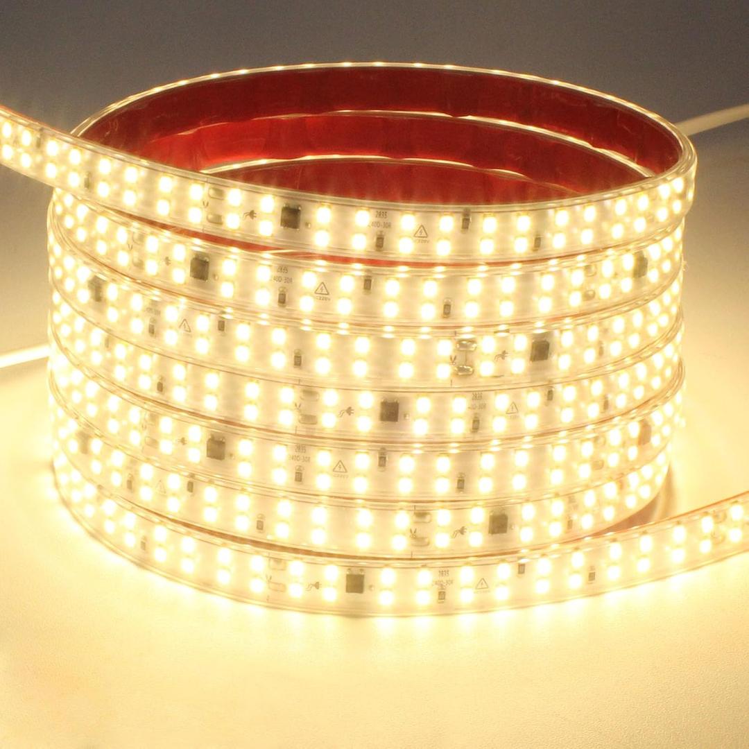 LED Strip Lights 6.56ft AC 110V Flexible Rope Lights 240LEDs/m 3000K Warm White Cuttable Outdoor Waterproof Strip Lights Double LED Beads for Living Room Under Cabinet Lighting