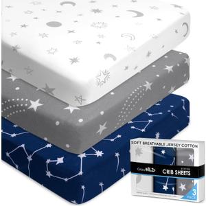 Fitted Unisex Crib Sheets (3 Pack) by GROW WILD - Jersey Knit Cotton Crib Sheets for Boys or Girls, 52 x 28 x 9 Crib Bedding Set (Moon, Stars and Constellation) (Navy, Gray)