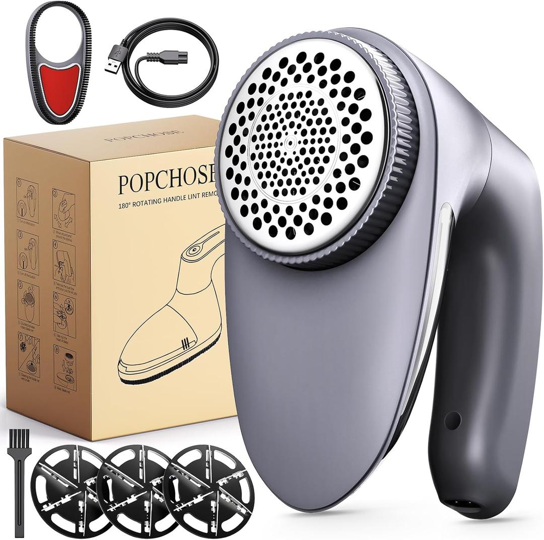 POPCHOSE Fabric Shaver for Clothing, Electric Lint Remover Sweater Shaver to Remove Pilling, Depiller for Clothes, Furniture, Couch, Fuzz with 6-Leaf Blades Extra, Electrostatic Brush (Gray)