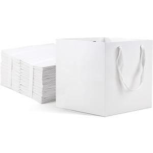 HUAPRINT White Paper Bags with Handles, Gift Bags Bulk 12 Pack, Large Square Size 10x10x10inch, Kraft, Party, Favor, Birthday, Goody, Take-Out, Merchandise, Retail