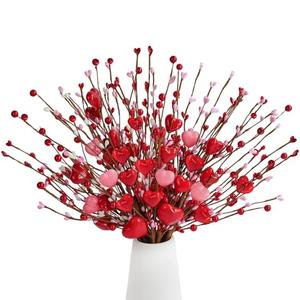 Childom Valentines Day Decorations,6 Pcs Artificial Flowers Heart Picks with Berries Red Pink Flowers for Valentines Day Tree Mothers Day Decorations for Home Office Room Table Anniversary Party Decor