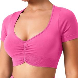 TAYOEA Crop Tops Workout for Women Yoga Short Sleeve Shirts Seamless V-Neck Gym T Shirts with Built in Pads (Pink, XS)