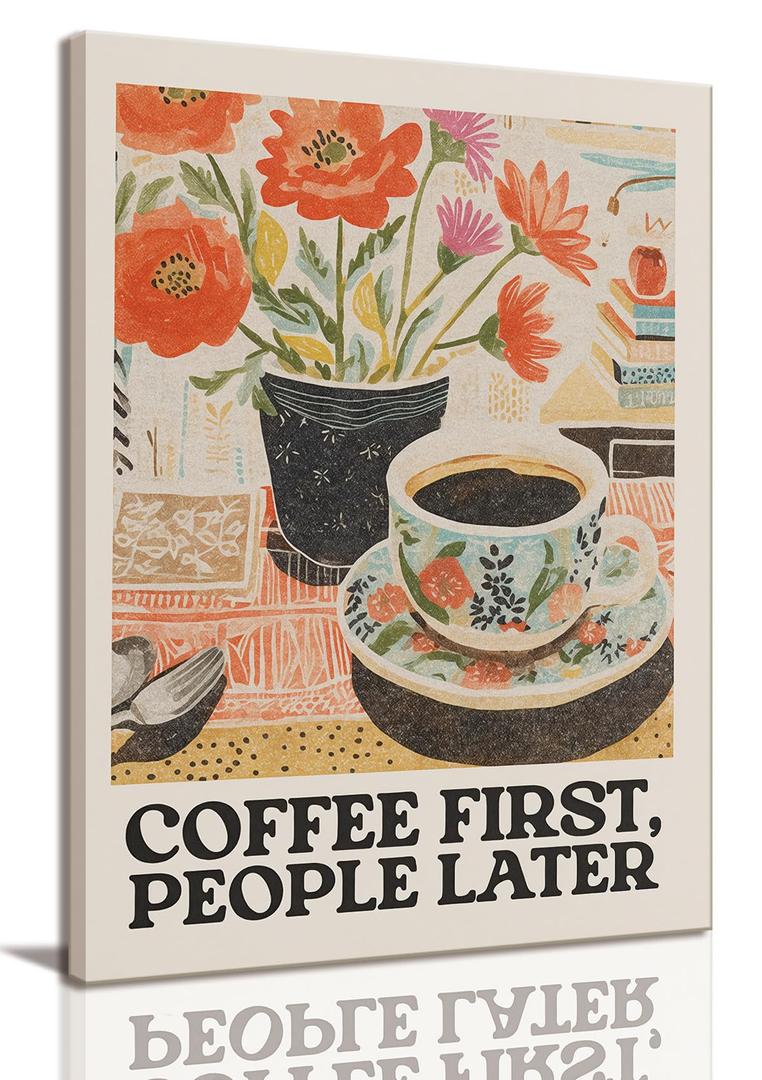 WALLZK Framed Coffee Wall Art Coffee First Poster Canvas Prints Trendy Retro Cafe Bar Painting Pictures Decor for Kitchen Dining Room 16"x24"