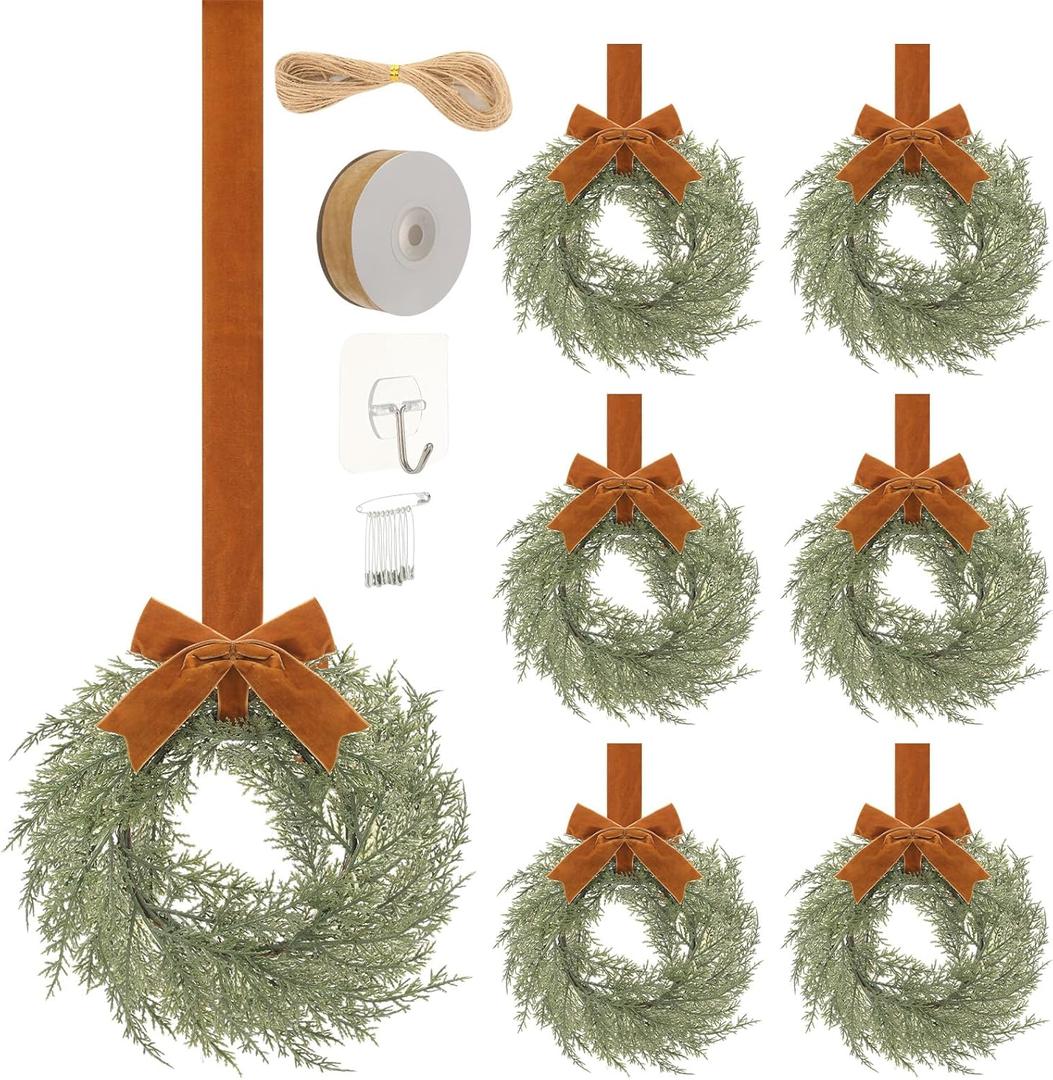 Suncalla 6 Pcs Christmas Chair Wreaths 9 Inch Craft DIY Small Wreaths Artificial Norfolk Pine with Velvet Ribbons for Chair Backs Front Door Window Indoor Cabinets Kitchen Farmhouse Xmas Decor
