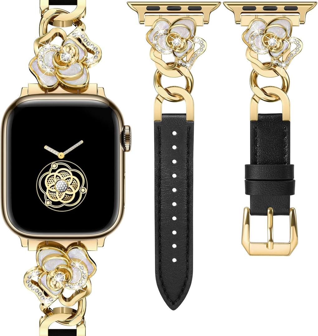 Minyee Compatible with Apple Watch Band 41/40/38/44/45/46/49/42mm Women, Dressy Slim Elegant Leather Metal Link Chain Strap with Bling Camellia Charms for iWatch Ultra 2 Series 10/9/8/7/6/5/4/3/2/1/SE (Black/Gold)