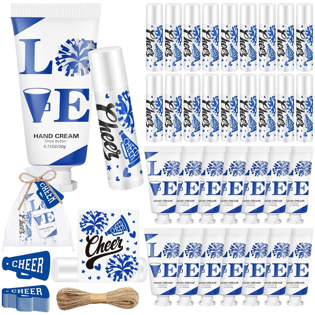144 Pcs Blue Cheer Lip Balm Hand Cream Set Party Favors Cheer Teams Camp Gifts Include 36 Lip Balm 36 Moisturizing Hand Cream 36 Bags 36 Cards and Ropes for Guest Party Supplies Accessories