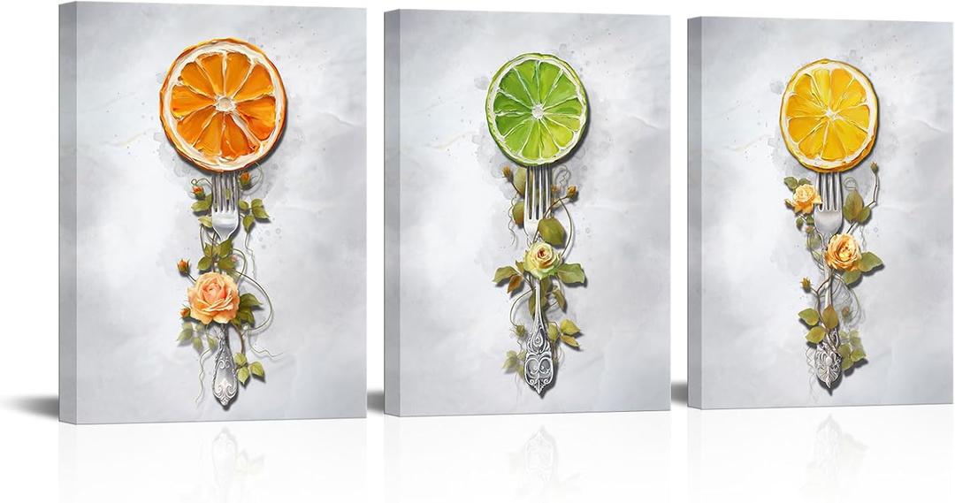 Visual Art Decor Dining Room Wall Art Orange Lemon Fruit Painting Dining Room Wall Decor, Framed Ready to Hang 12x16inchx3Pieces