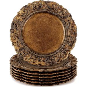 12 Pcs Antique Gold Charger Plates Bulk 13 Inch Embossed Rim Plastic Round Decorative Vintage Plates Charger for Dinner Wedding Party Event Table Setting Decoration 