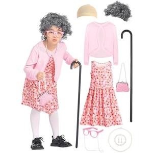 WATCPNO 100 Days of School Costume Pink Dress Set Old Lady Costume for kids Girls Grandma Costume for kids Dress Up (M(6-7))