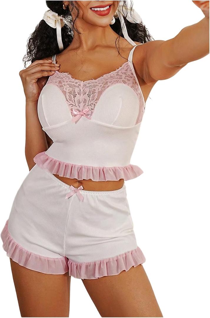 SweatyRocks Women's 2 Piece Pajama Set Ruffle Trim Crop Cami Top and Shorts Cute Lounge Set (White)