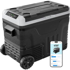EUHOMY 12 Volt Refrigerator with Remote App Control, 47QT(45L) Dual Zone Electric Cooler with Wheels & Basket, Portable Freezer 12/24V DC & 110-240V AC, 12V Cooler for Travel, Truck, Camping, Boat, RV