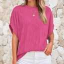 PRETTYGARDEN Women's Tops 2025 Summer Casual Crewneck Short Sleeve Textured Shirts Going Out Work Blouse Basic Tunic Top (Pink, L)