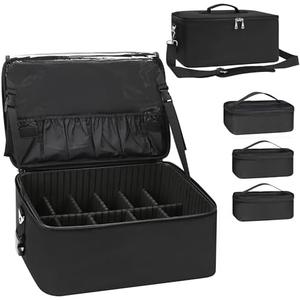 Relavel Makeup Bag Large Makeup Case Professional Cosmetic Storage Organizer Box Brush Holder with 3 Clear Set Bags for Makeup Artists with Shoulder Strap & Adjustable Dividers