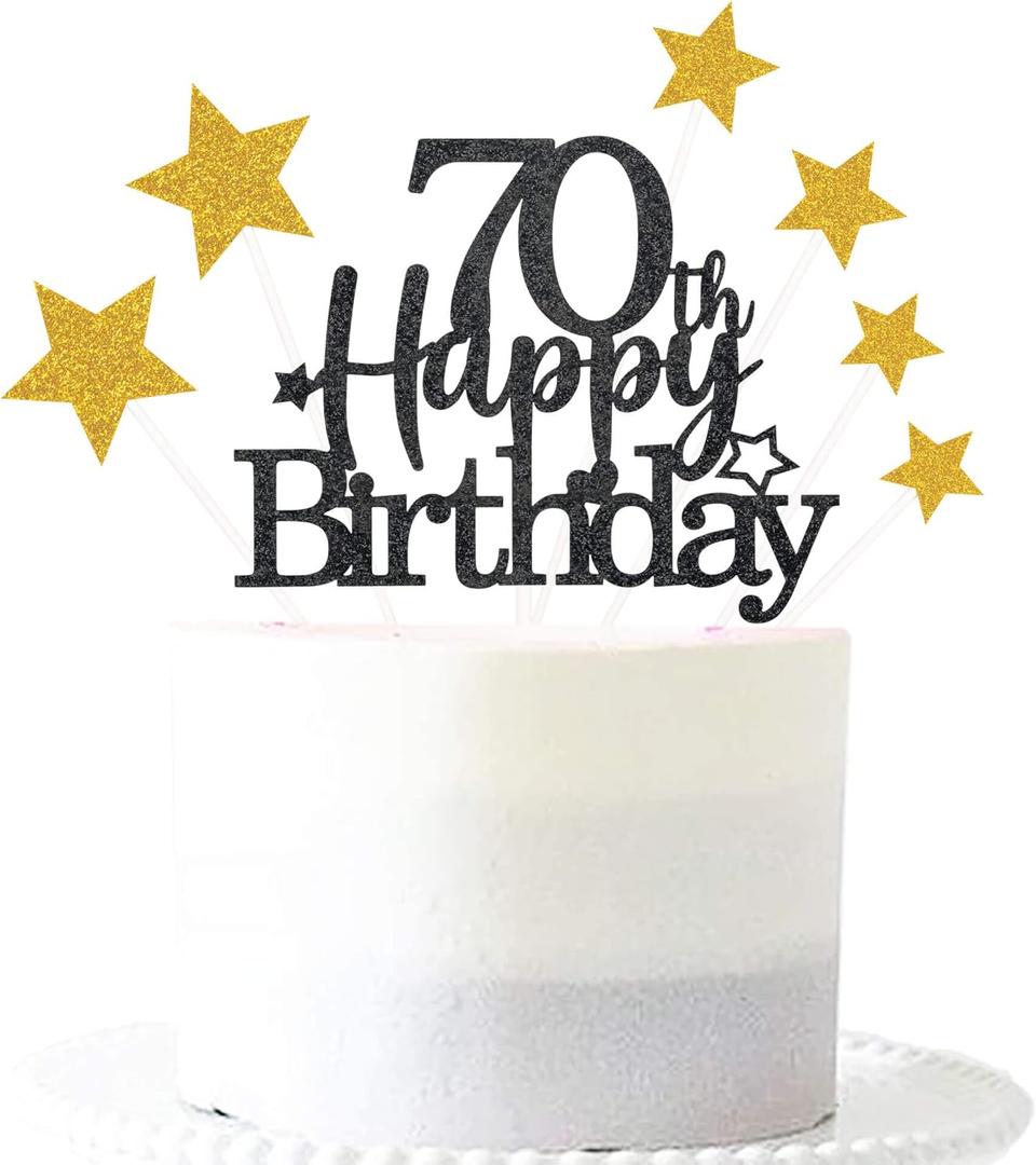 2 x Glittery 70th Happy Birthday Cake Topper with Star,Personalised 70 Birthday Cake Toppers Party Decorations Party Supplies for Men Women Black Gold