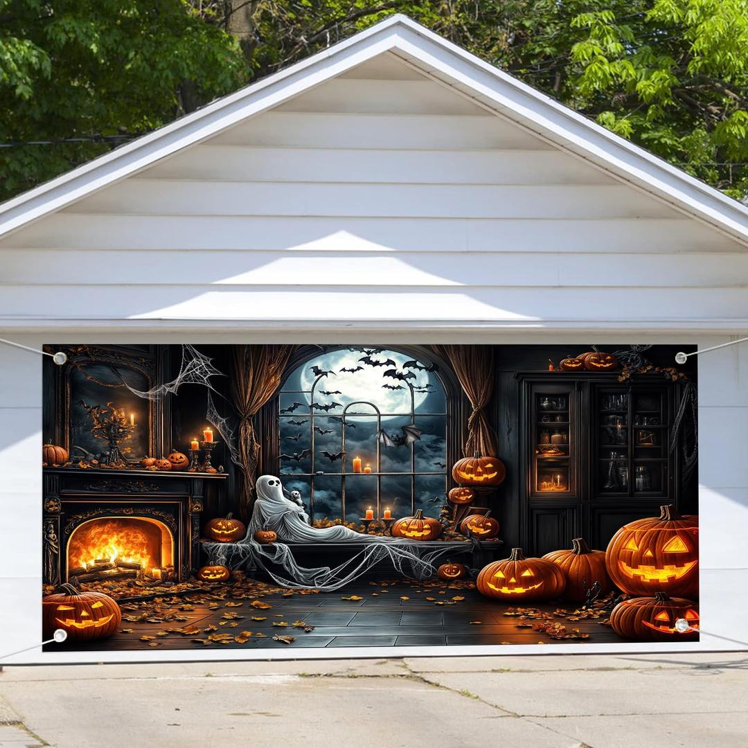 16X7ft Halloween Ghost Garage Door Background Full Moon Scary Night Castle Bat Crow Pumpkins Party Spooky Scary Cemetery Child Kids Halloween Party Decorations Garage Door Banner (Black)